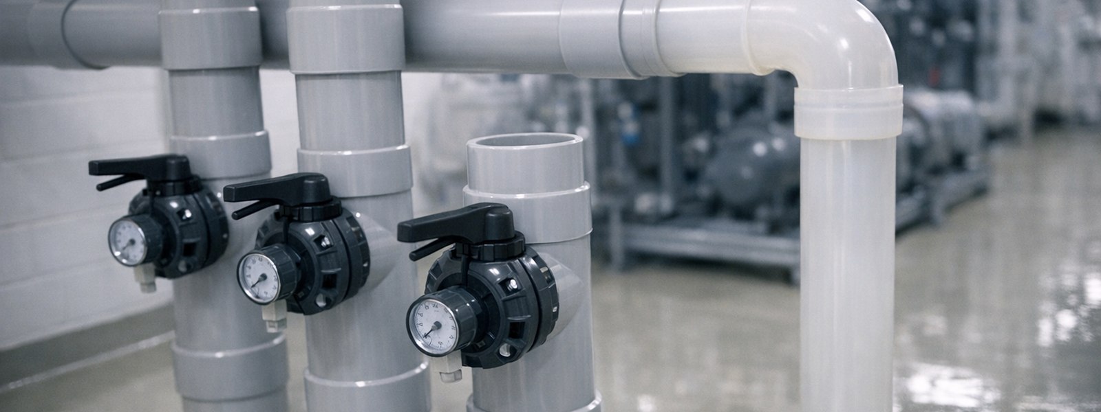 Data centre mechanical hall: large insulated chilled-water pipework with butterfly valves, flow meters and pipe hangers running above rows of white CRAH cooling units