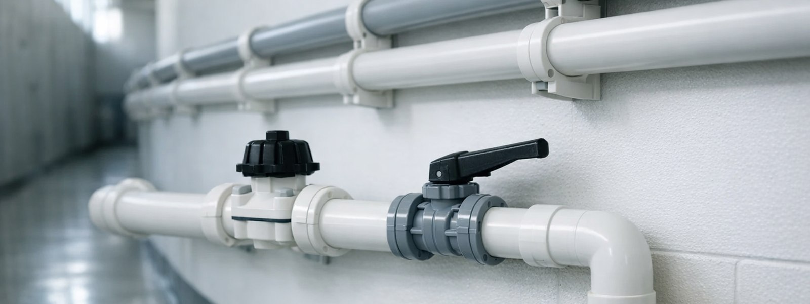 Industrial process plant interior: white polypropylene and grey PVDF piping with flanged connections and diaphragm valves alongside a stainless steel heat exchanger