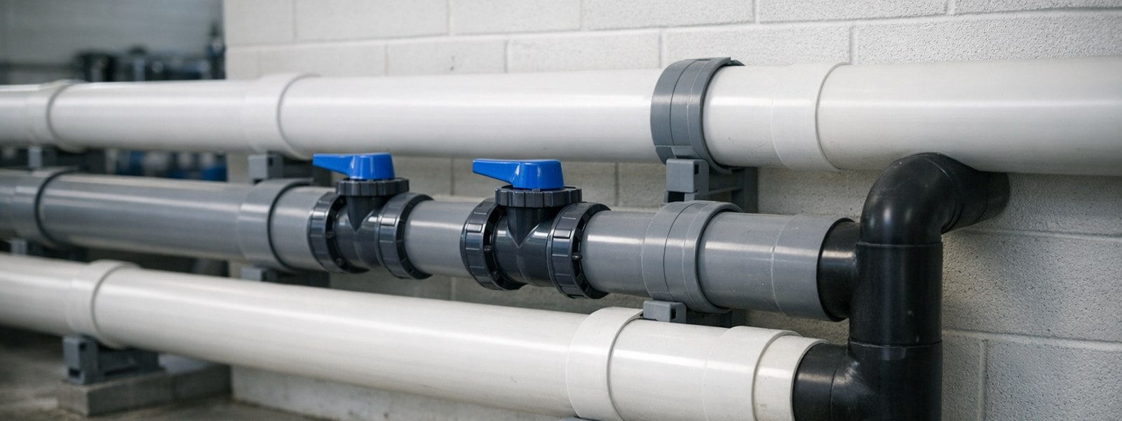 Municipal water treatment plant interior: a row of stainless steel process pipes with blue isolation valves, flanged joints and pressure gauges above a clear settling basin