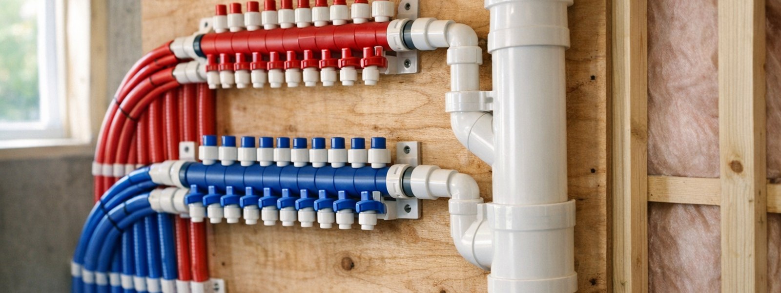 New residential construction mechanical room: white PEX potable water manifold with red and blue supply lines, copper piping, water heater and PVC drain-waste-vent stack in open wall framing